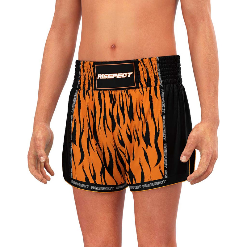 Male Model in Yellow Tiger Stripes Thailand Muay Thai Shorts - front