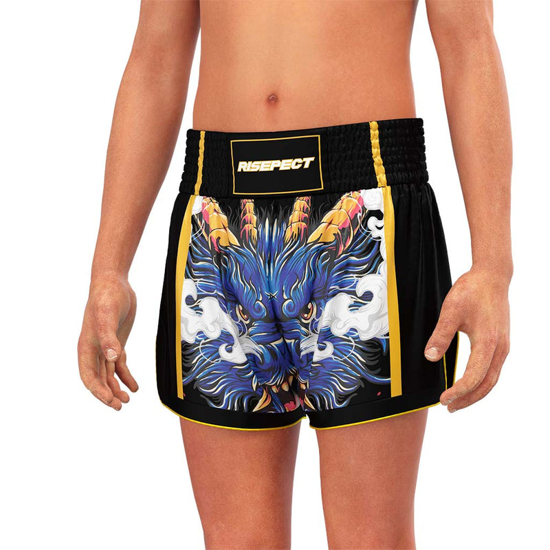 Male Model in Black Thailand Shorts Muay Thai Blue Dragon Head Print Shorts - front