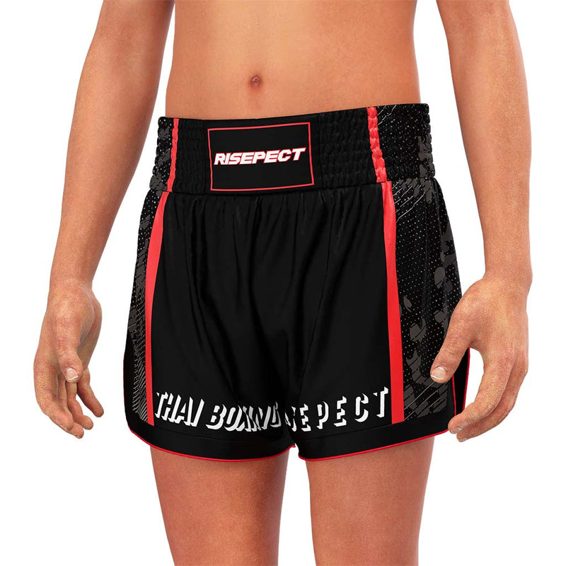 Male Model in Black Thailand Muay Thai Shorts With Magenta Piping - front