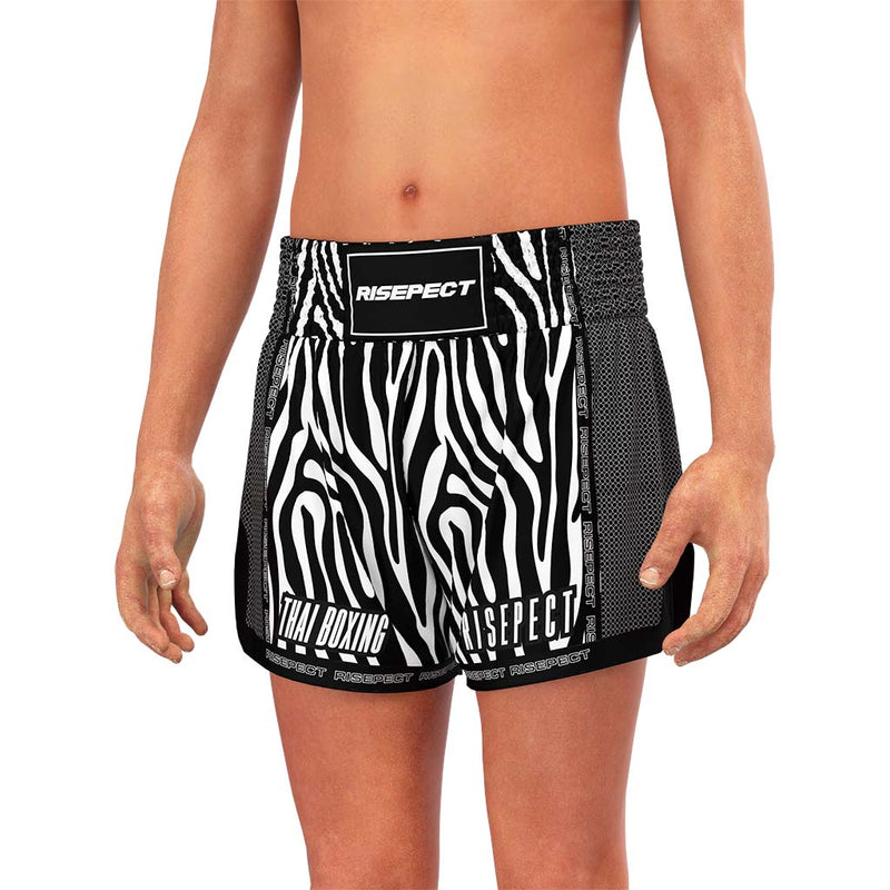 Male Model in Zebra Print Thailand Muay Thai Sublimation MMA Fight Shorts - front