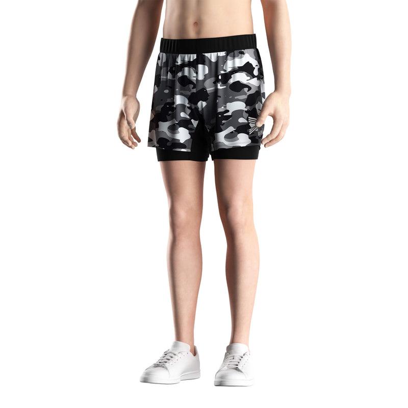 Male Model in 2 in 1 BJJ MMA Double Layer Shorts Camouflage - front