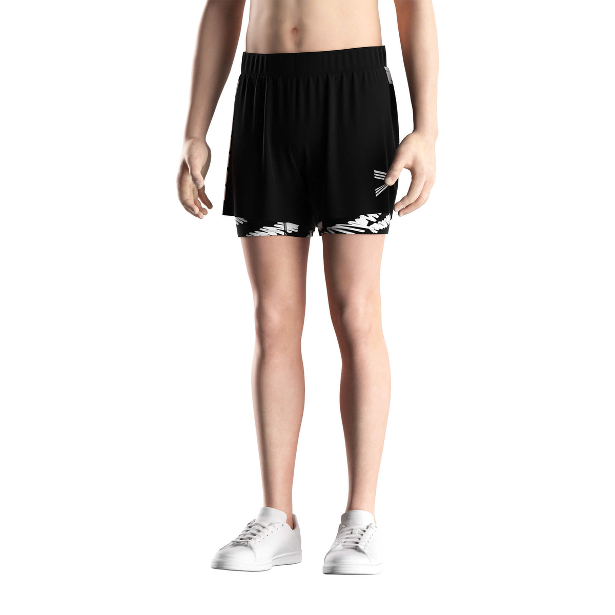Male Model in 2 in 1 BJJ MMA Shorts Black-white Graffiti Liner - front
