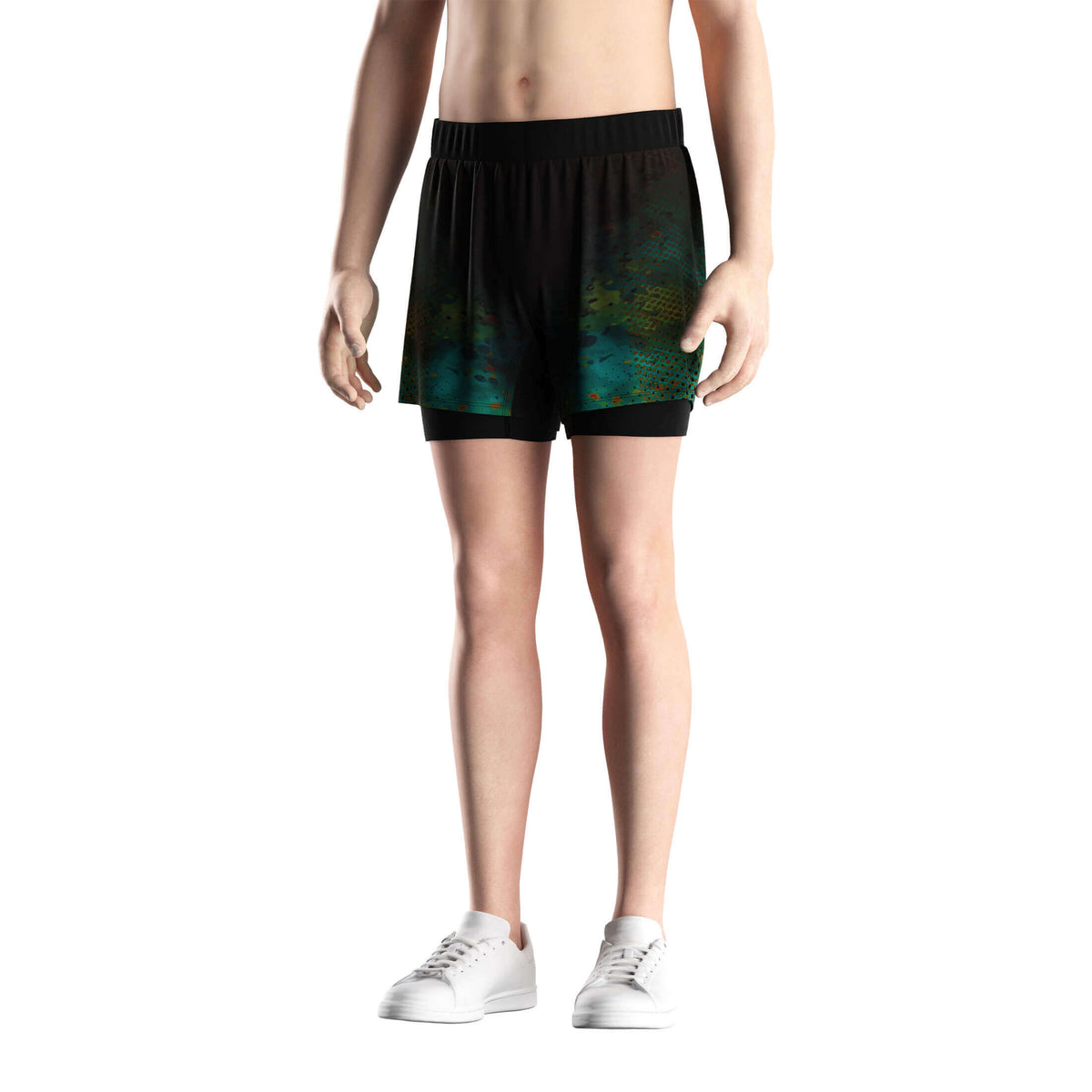 Male Model in 2 in 1 BJJ MMA Shorts Green Mash Gradient - front