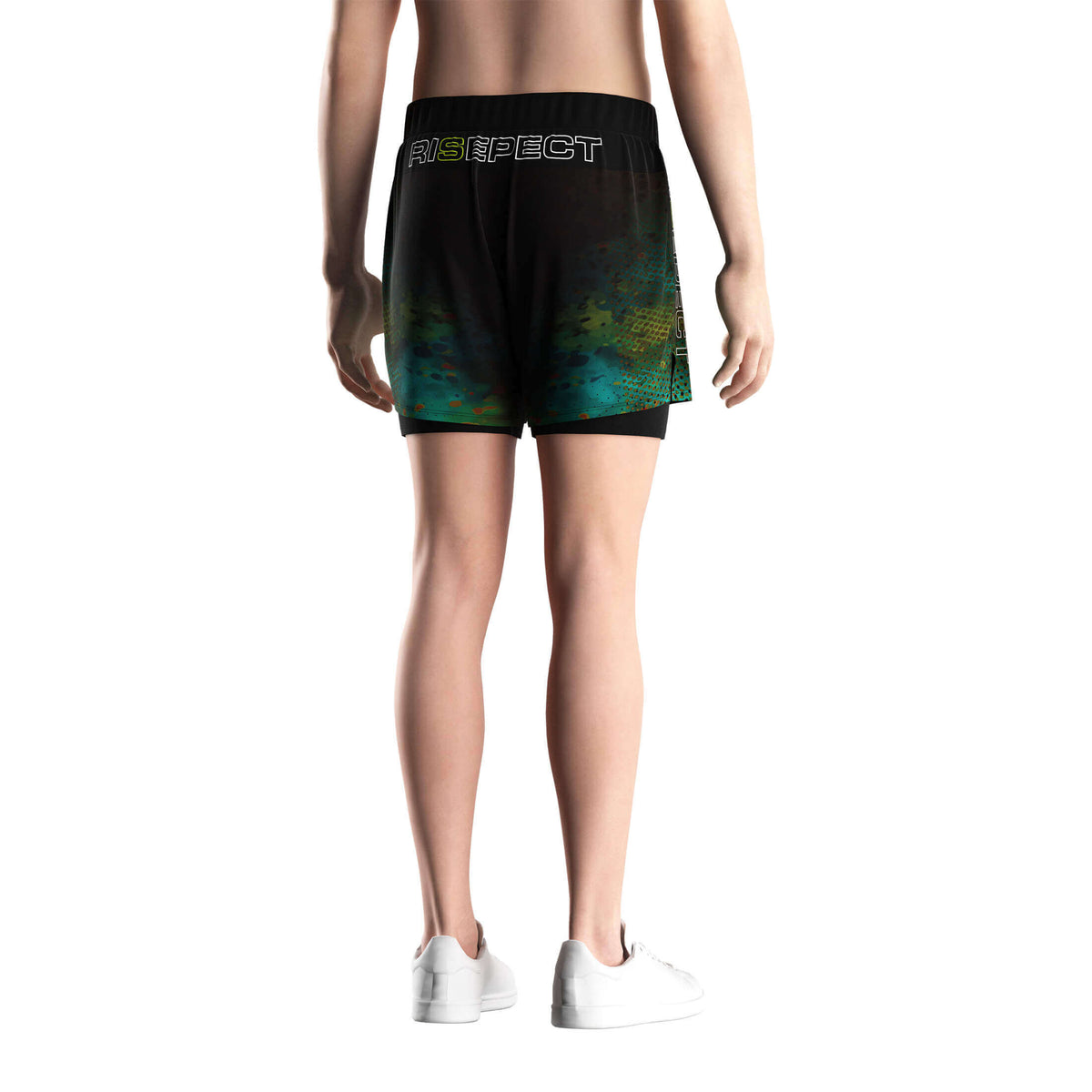 Male Model in 2 in 1 BJJ MMA Shorts Green Mash Gradient - back