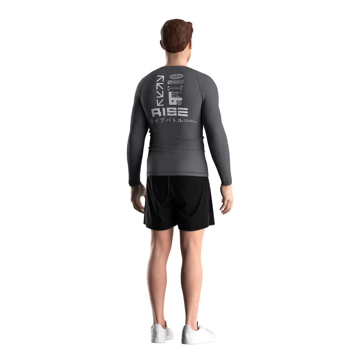 Male Model in 3rd Generation Black Triangle Long Sleeve Rash Guard Back View