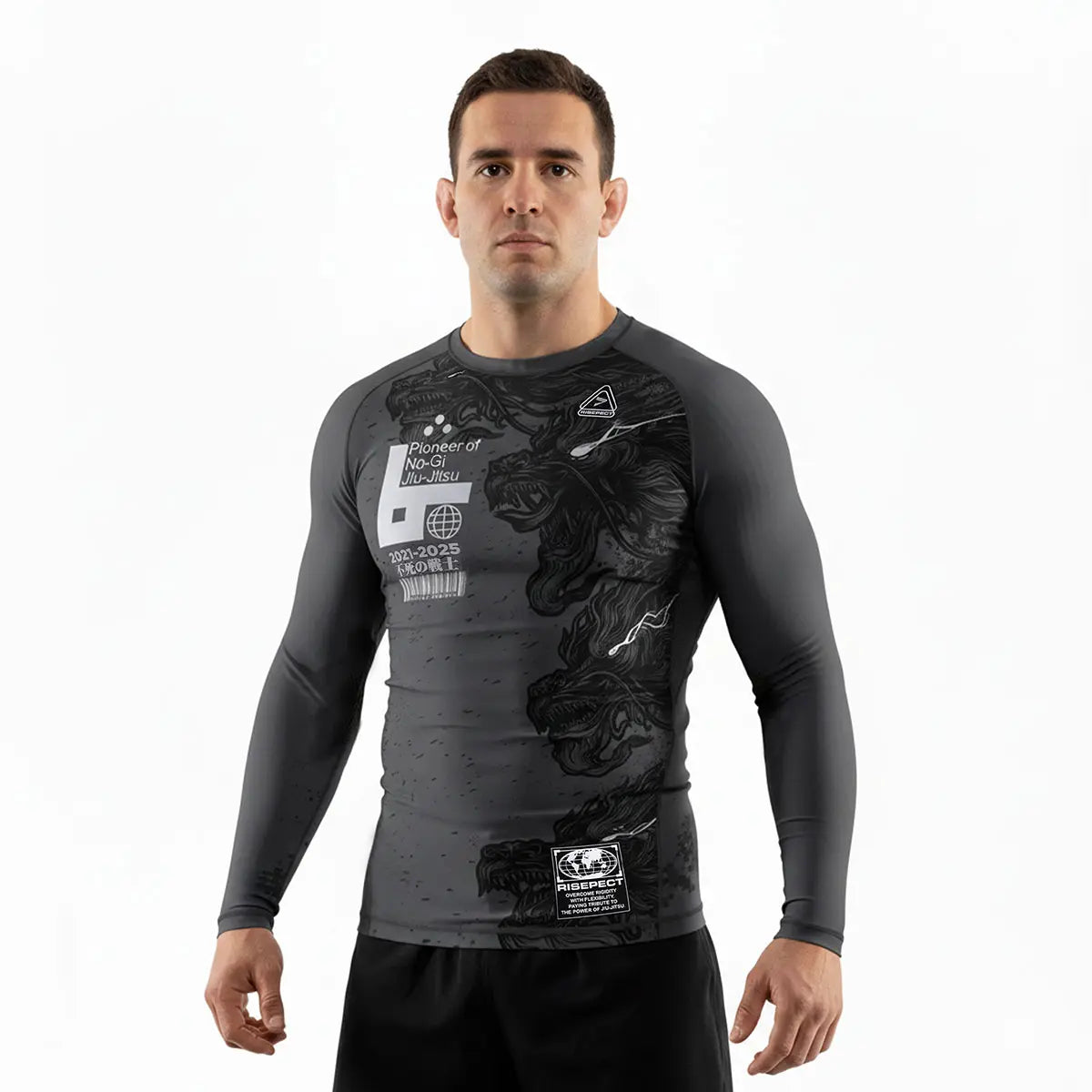 Male Model in 3rd Generation Black Triangle Long Sleeve Rash Guard Front View