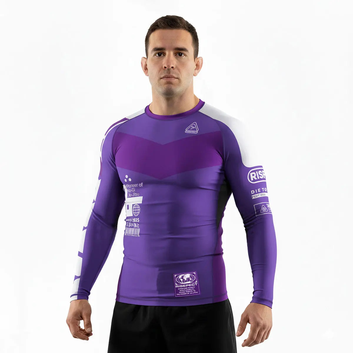Male Model in 3rd Generation Purple Honor Long Sleeve Rash Guard Front View