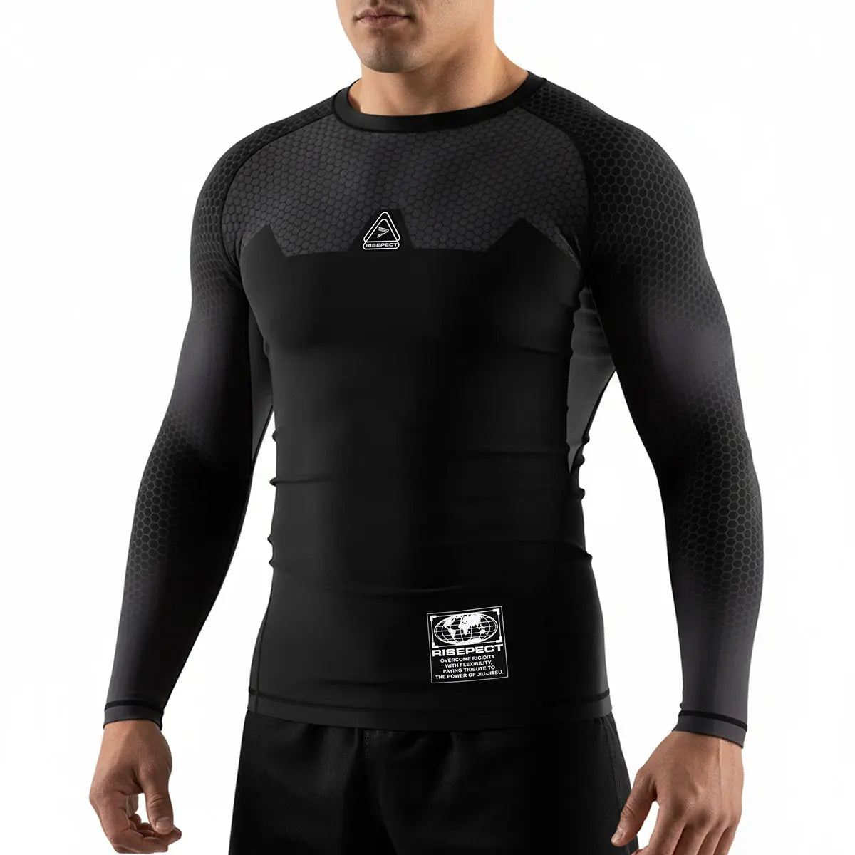 Male Model in 3rd Generation Silent Triangle Long Sleeve Rash Guard Front View