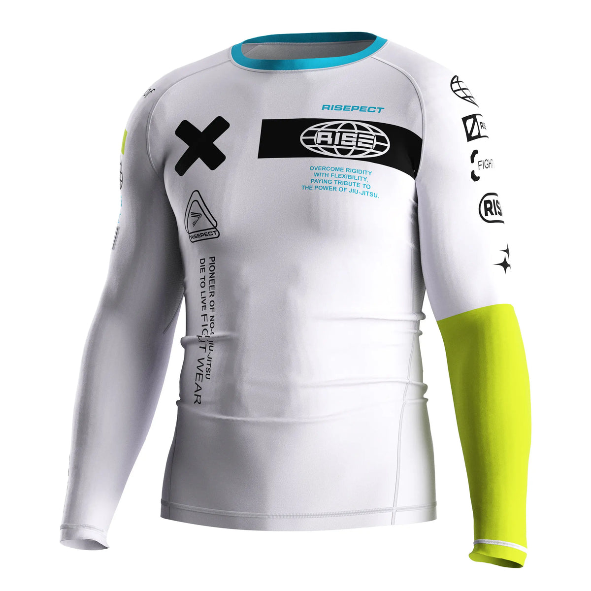 Left Front View of 3rd Generation White Reversal Long Sleeve Rash Guard