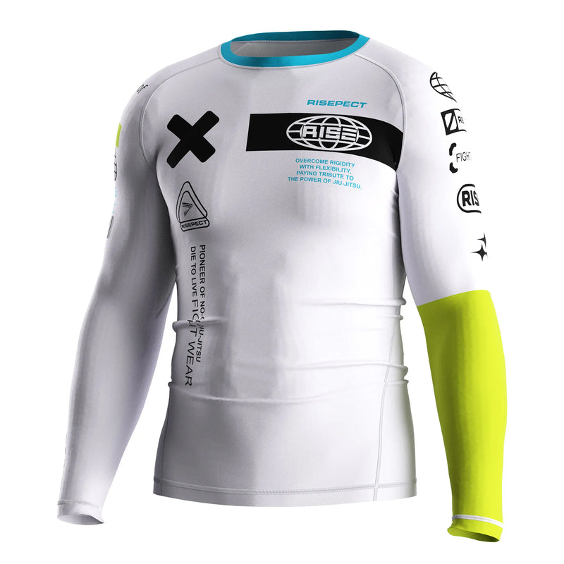 Left Front View of 3rd Generation White Reversal Long Sleeve Rash Guard