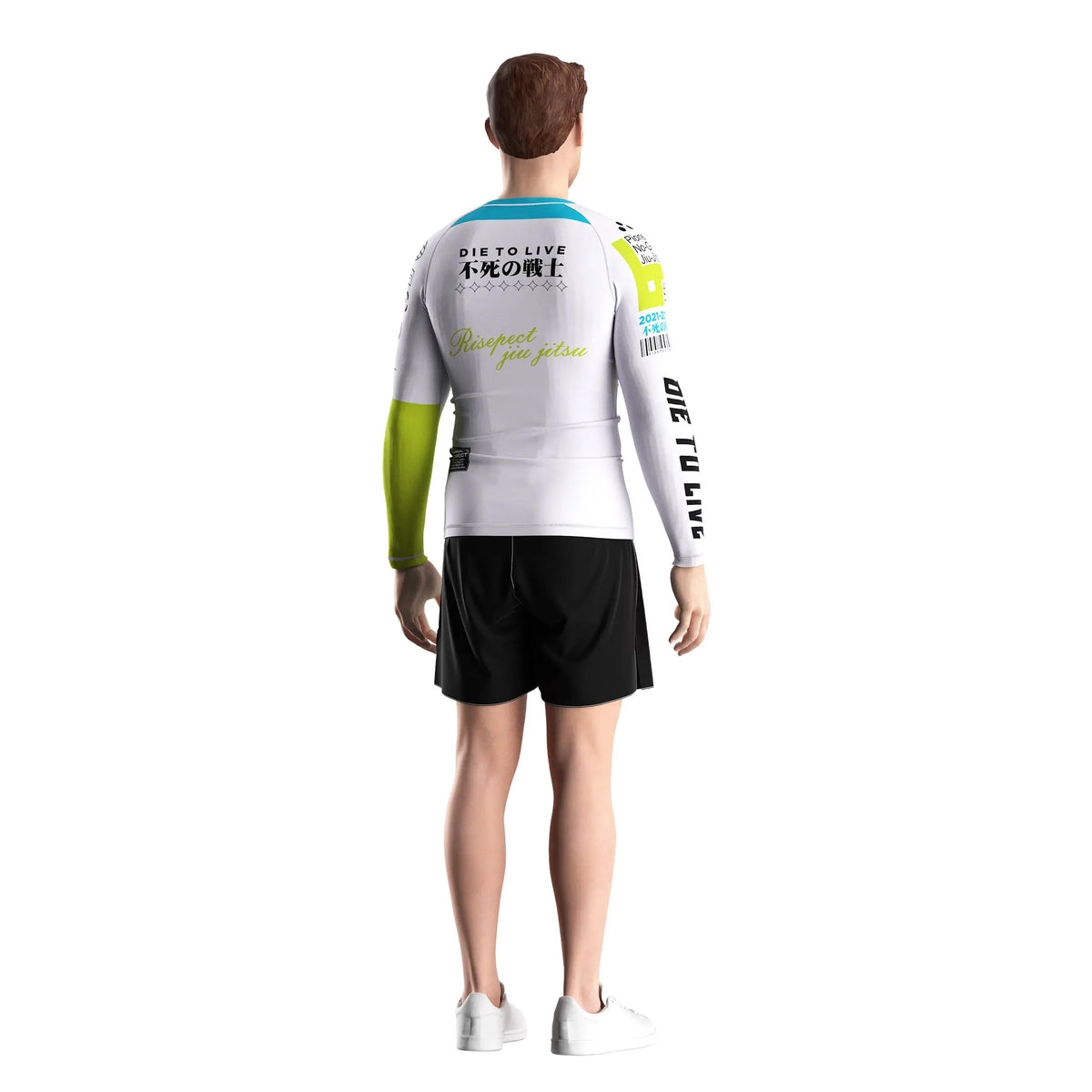 Male Model in 3rd Generation White Reversal Long Sleeve Rash Guard Back View