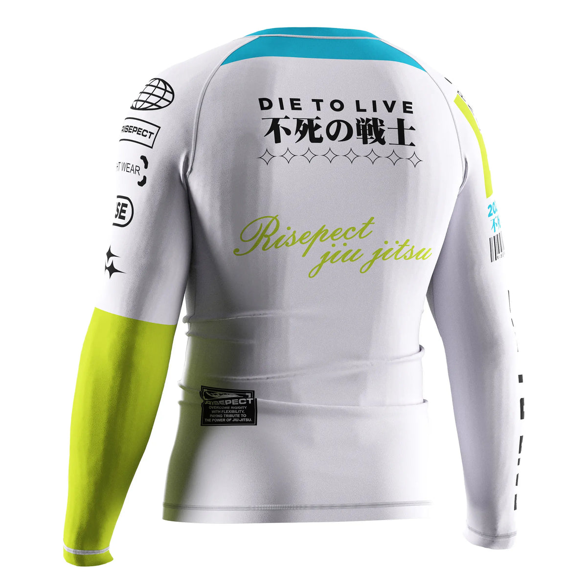 Left Back View of 3rd Generation White Reversal Long Sleeve Rash Guard