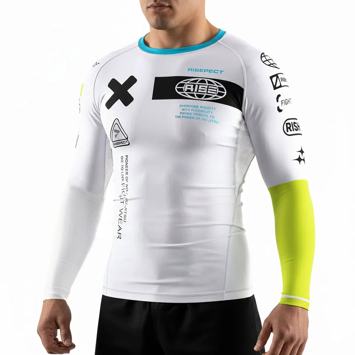 Male Model in 3rd Generation White Reversal Long Sleeve Rash Guard Front View