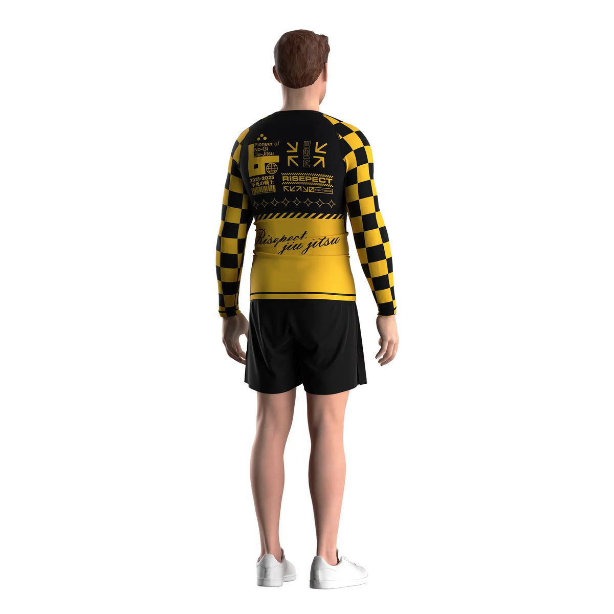 Male Model in 3rd Generation Yellow Perimeter Long Sleeve Rash Guard Back View