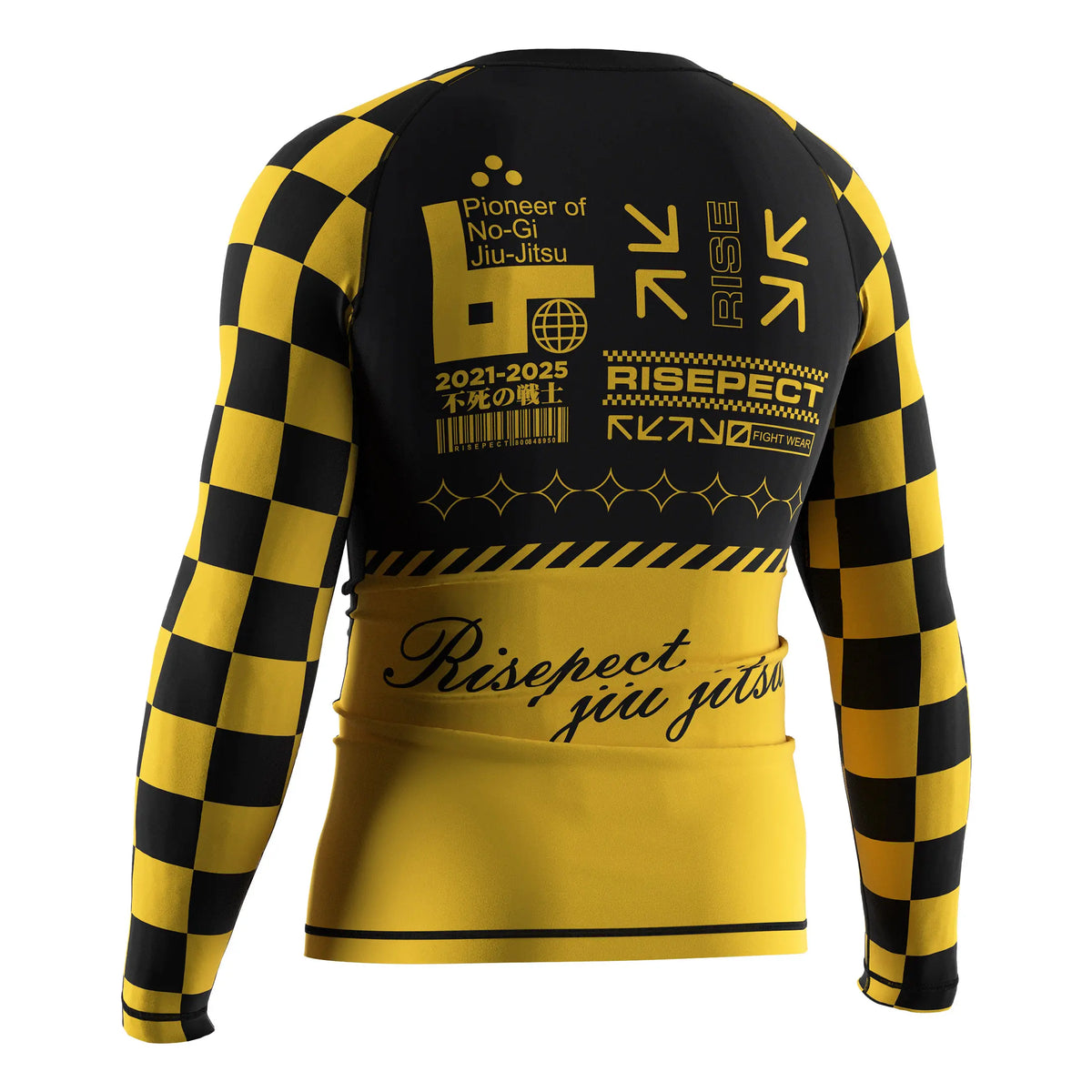 Left Back View of 3rd Generation Yellow Perimeter Long Sleeve Rash Guard