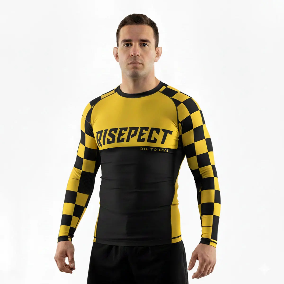 Male Model in 3rd Generation Yellow Perimeter Long Sleeve Rash Guard Front View
