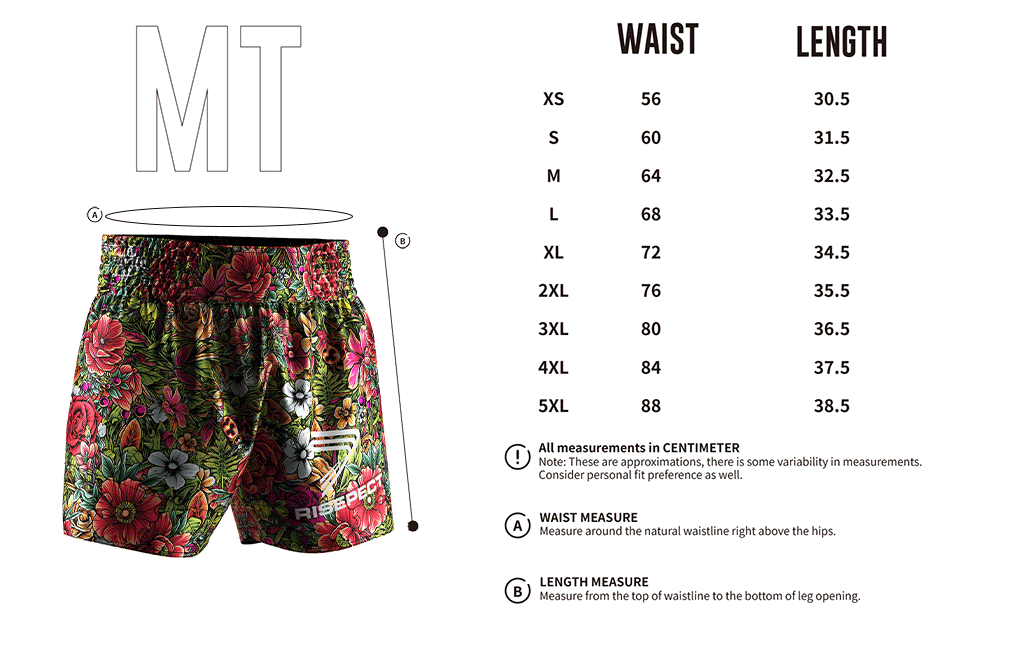Adult Size Chart of Tropical Floral Muay Thai Shorts – Red & Yellow Jungle Bloom