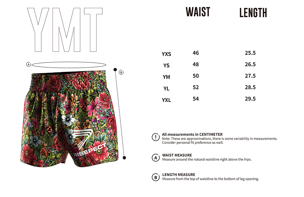 Youth Size Chart of Tropical Floral Muay Thai Shorts – Red & Yellow Jungle Bloom