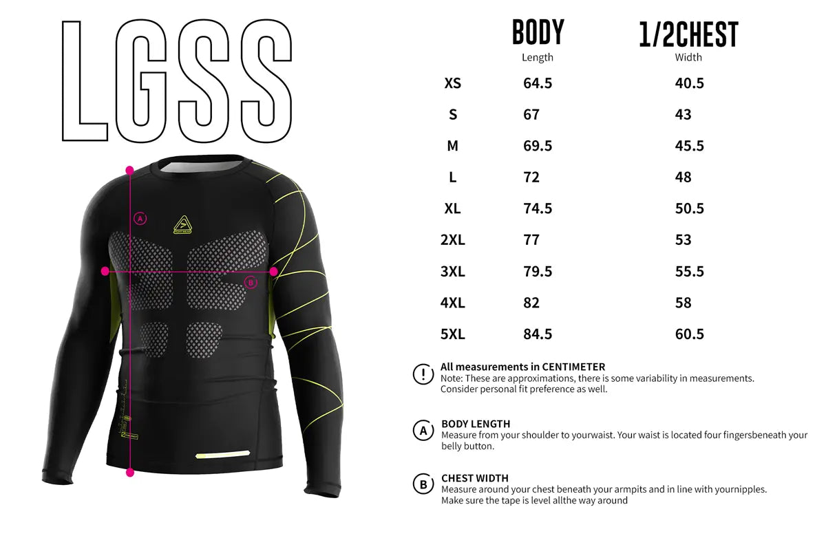 Adult Sizes Chart of Armor Pulse Combat Core Rash Guard 3.0