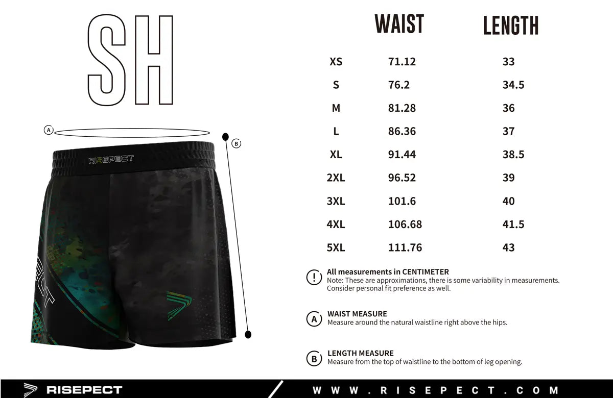 Adult Sizes Chart of Black High Slit Aurora Night Fight MMA BJJ Hybrid Shorts