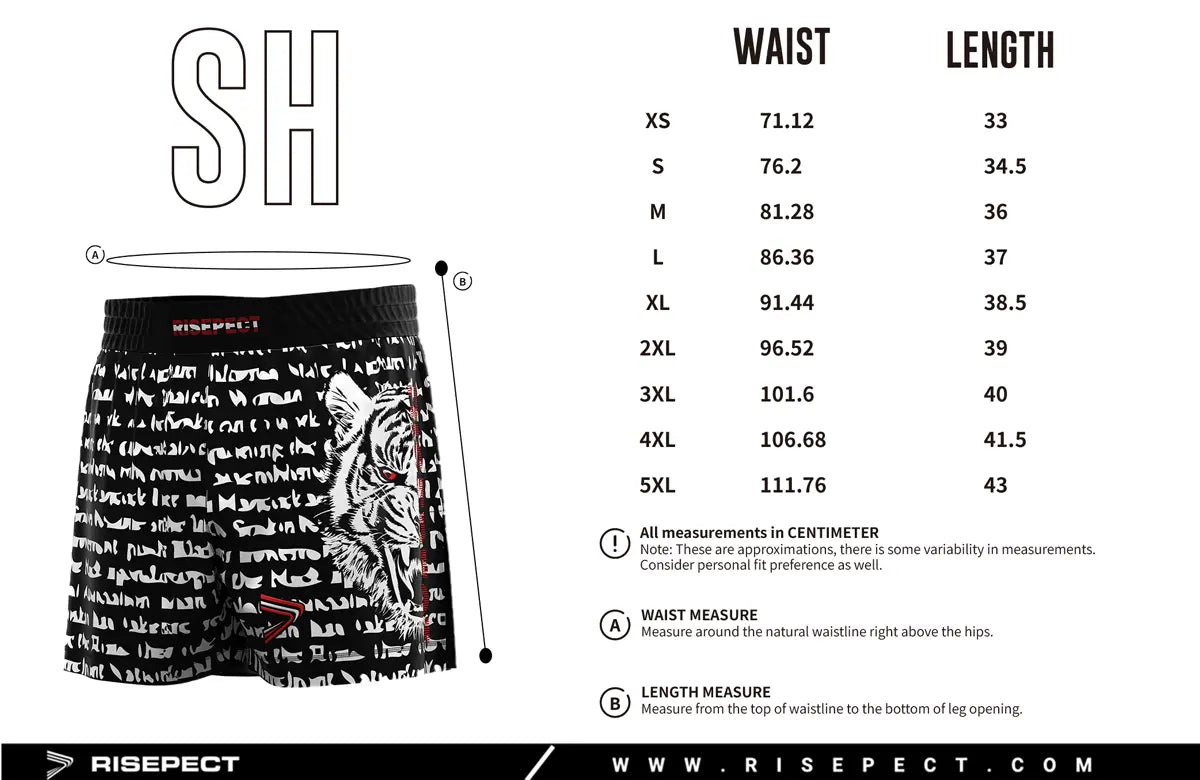 Adult Sizes Chart of Black High Slit White Tiger Head BJJ MMA Hybrid Shorts