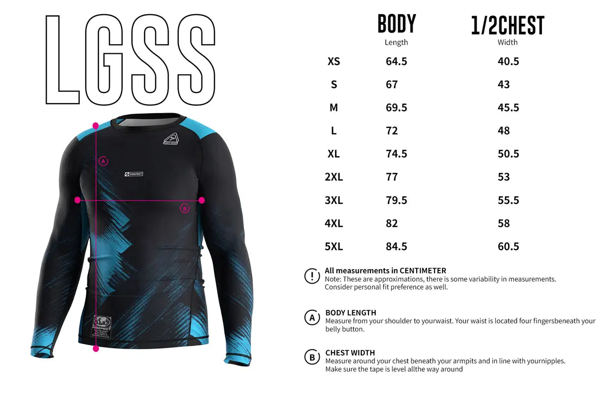 Adult Sizes Chart of Blue Surge Momentum Flow Rash Guard 3.0