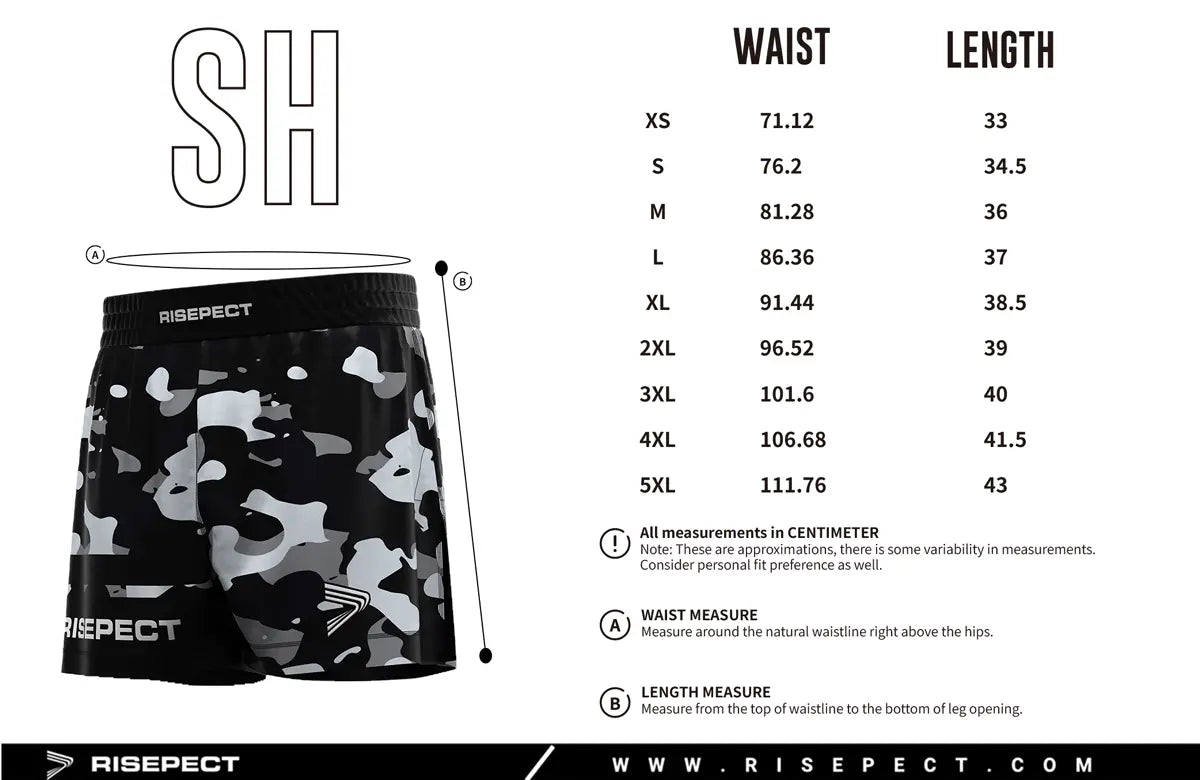 Adult Sizes Chart of Camo High Slit Stone Markings BJJ MMA Hybrid Shorts