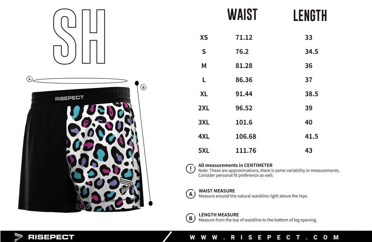 Adult Sizes Chart of Colorful High Slit Panther Pulse BJJ MMA Hybrid Shorts