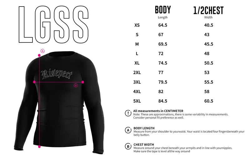 Adult Sizes Chart of Crimson Pact Gothic Text Rash Guard 3.0 Long Sleeve Ritual Wear