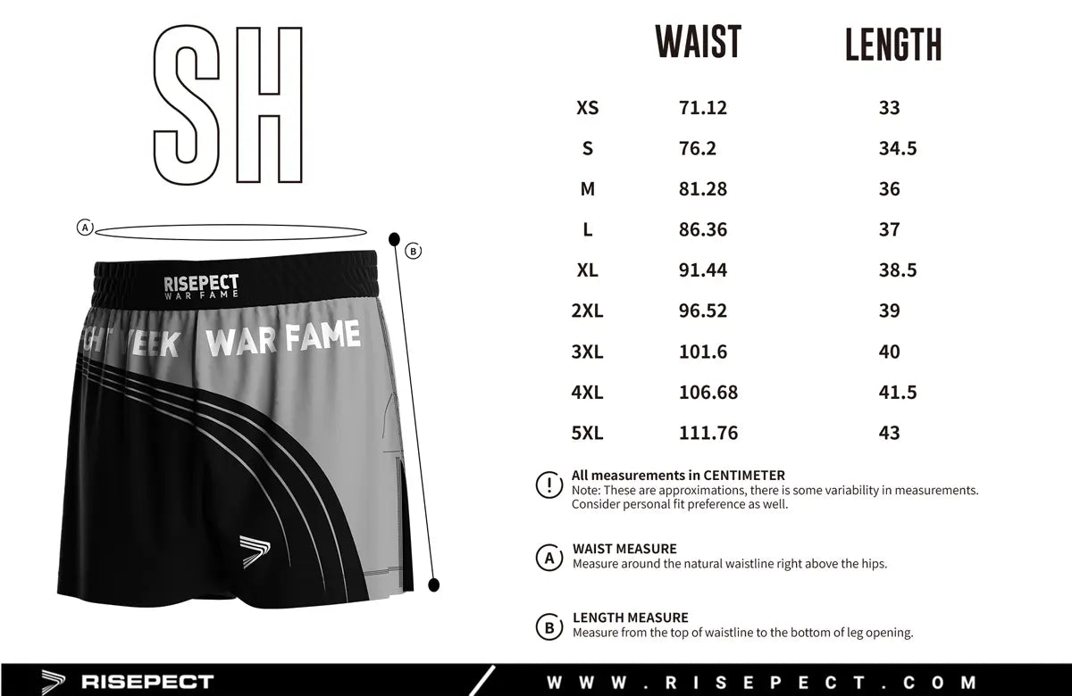 Adult Sizes Chart of Gray-black High Slit Fight Week BJJ MMA Hybrid Shorts