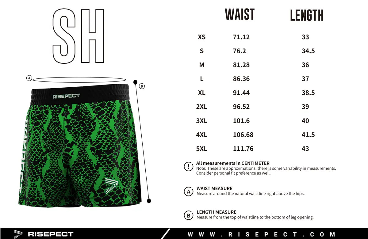Adult Sizes Chart of Green High Slit Snakeskin BJJ MMA Hybrid Shorts
