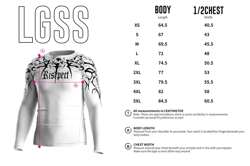 Adult Sizes Chart of Kishpert Revenant White Tribal Long Sleeve Rash Guard 3.0