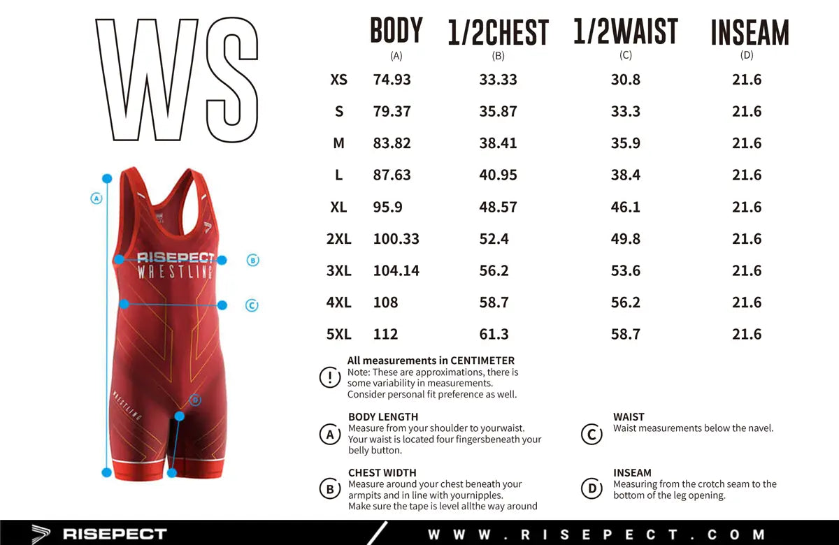 Adult Sizes Chart of Line of Impact Wrestling Singlet 1.0 Series