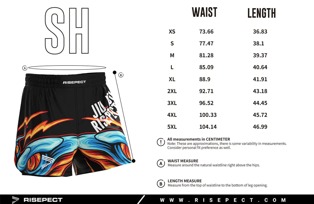 Adult Sizes Chart of No-Gi Element Clash Jiu Jitsu Shorts