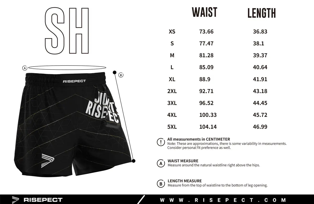 Adult Sizes Chart of No-Gi Hexflow Jiu Jitsu Shorts