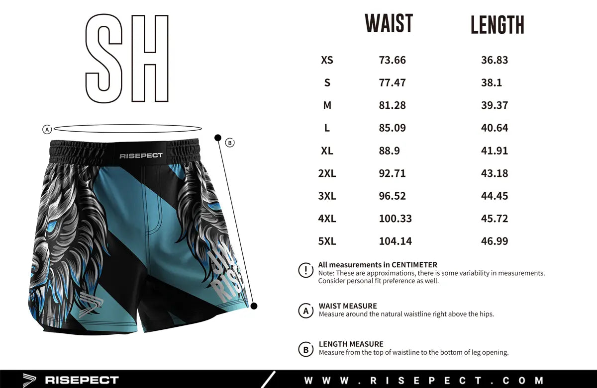 Adult Sizes Chart of No-Gi Jungle Rise Jiu Jitsu Shorts