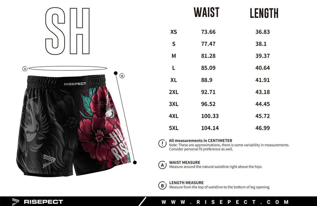Adult Sizes Chart of No-Gi Rise & Rift Jiu Jitsu Shorts