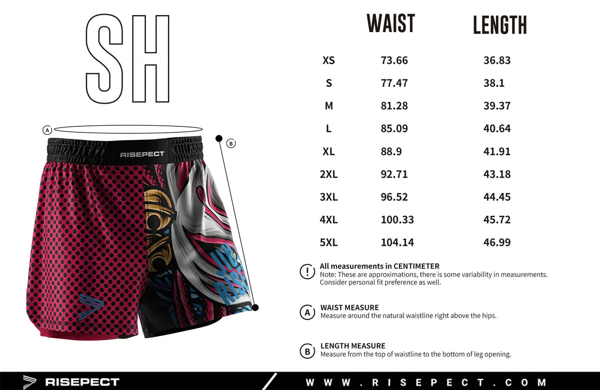Adult Sizes Chart of No-Gi Split Persona Jiu Jitsu Shorts