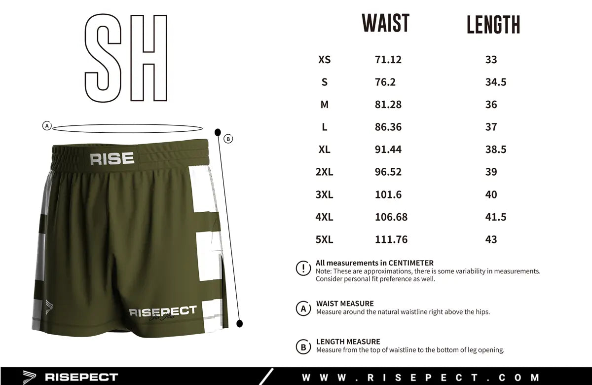 Adult Sizes Chart of Olive High Slit Tactical Flow BJJ MMA Hybrid Shorts