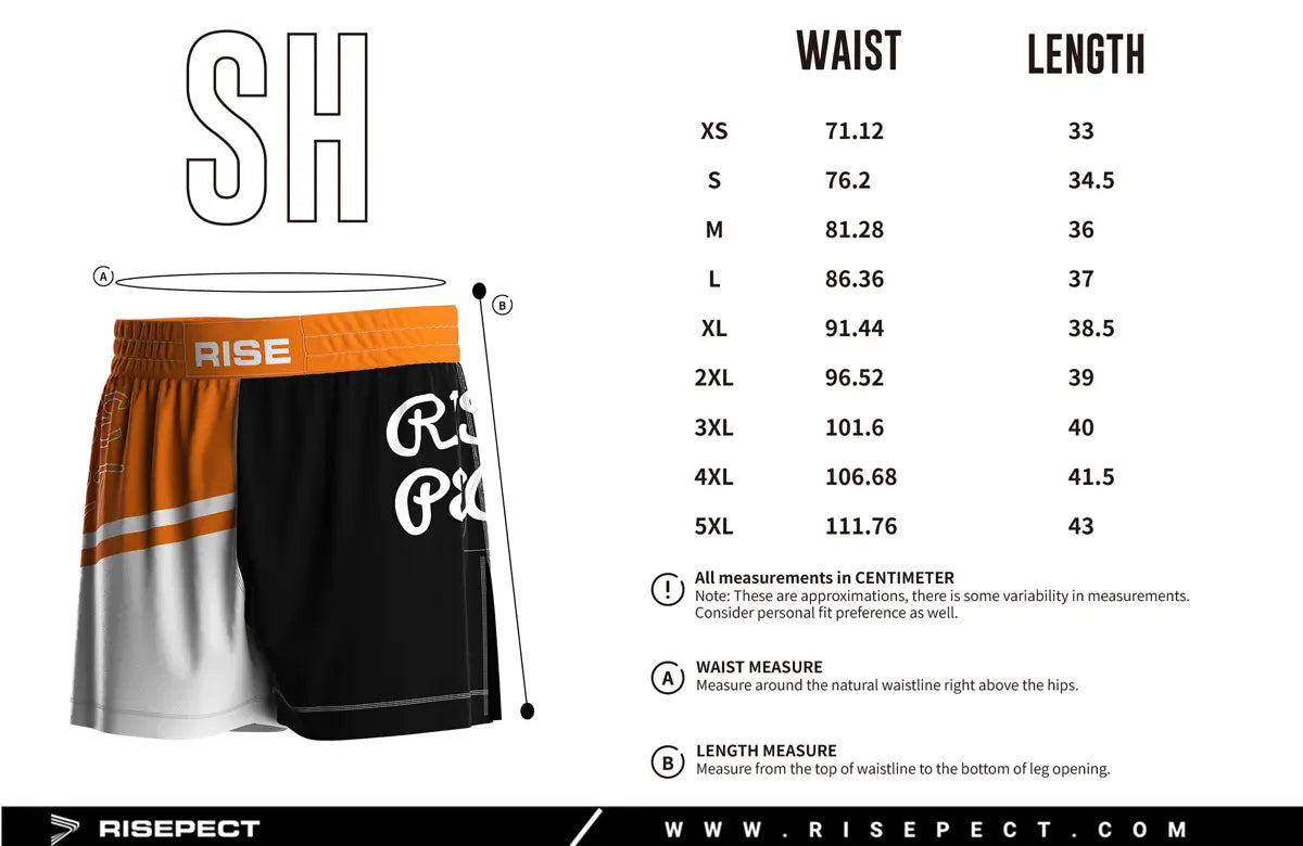 Adult Sizes Chart of Orange High Slit Ignite Line BJJ MMA Hybrid Shorts