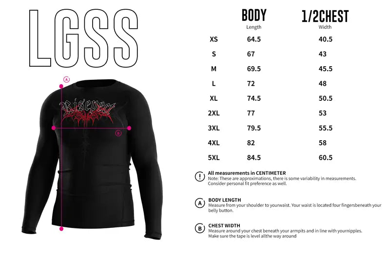 Adult Sizes Chart of Seraphim Reversed Winged Demon Rash Guard 3.0 Fallen Angel