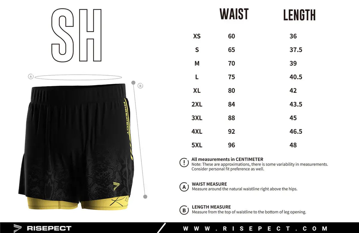 Adult Sizes Chart of Serpent Strike 2-in-1 MMA Fight Shorts W/ Compression Inner