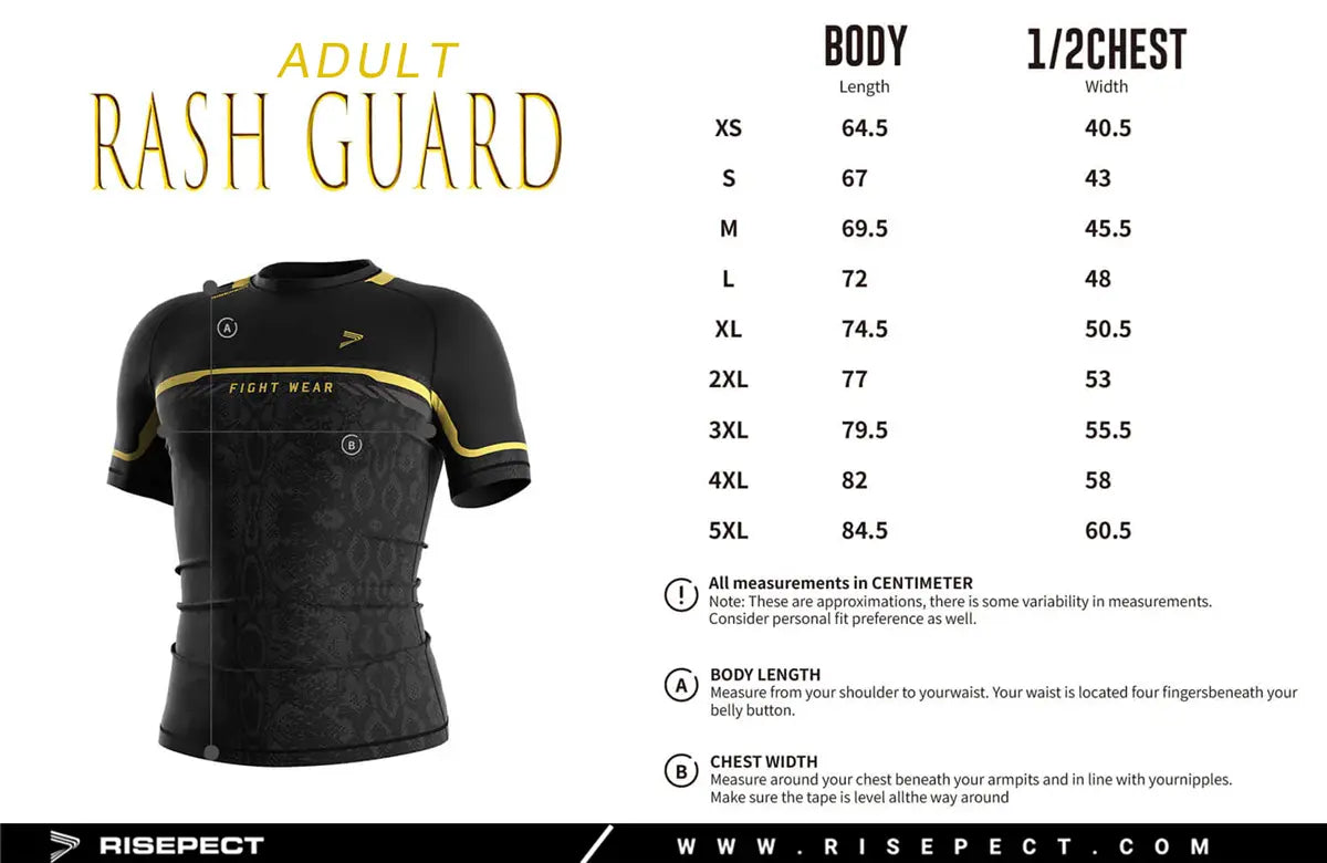 Adult Sizes Chart of Serpent Strike Rash Guard for MMA & BJJ