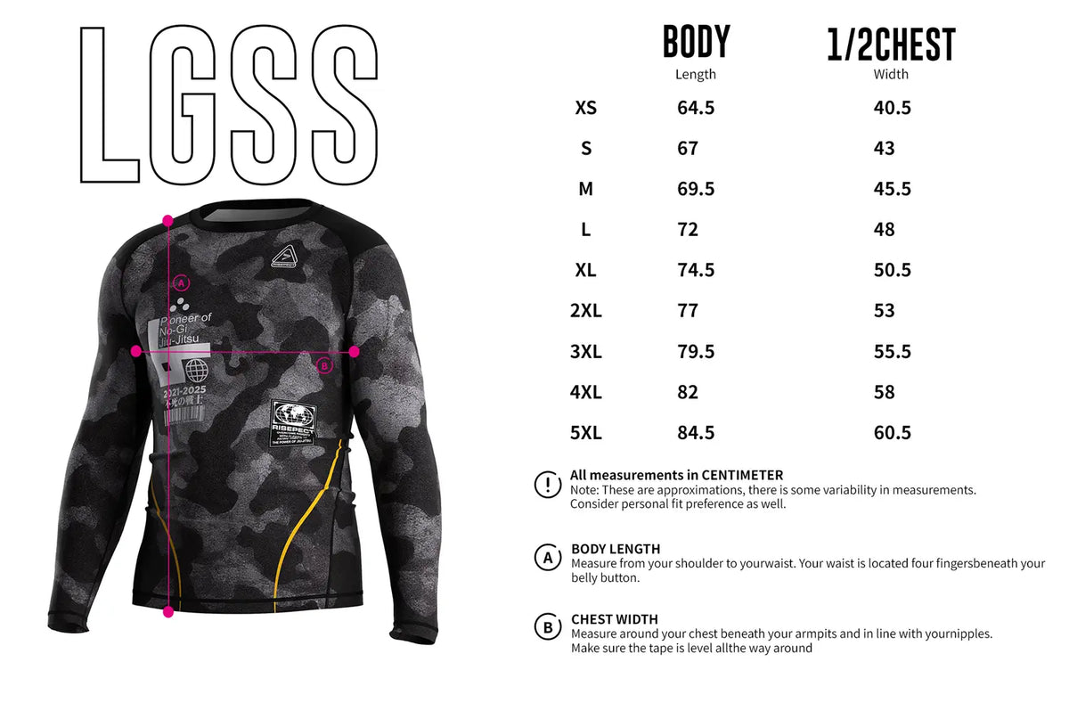 Adult Sizes Chart of Shadow Camo Tactical Flow Rash Guard 3.0
