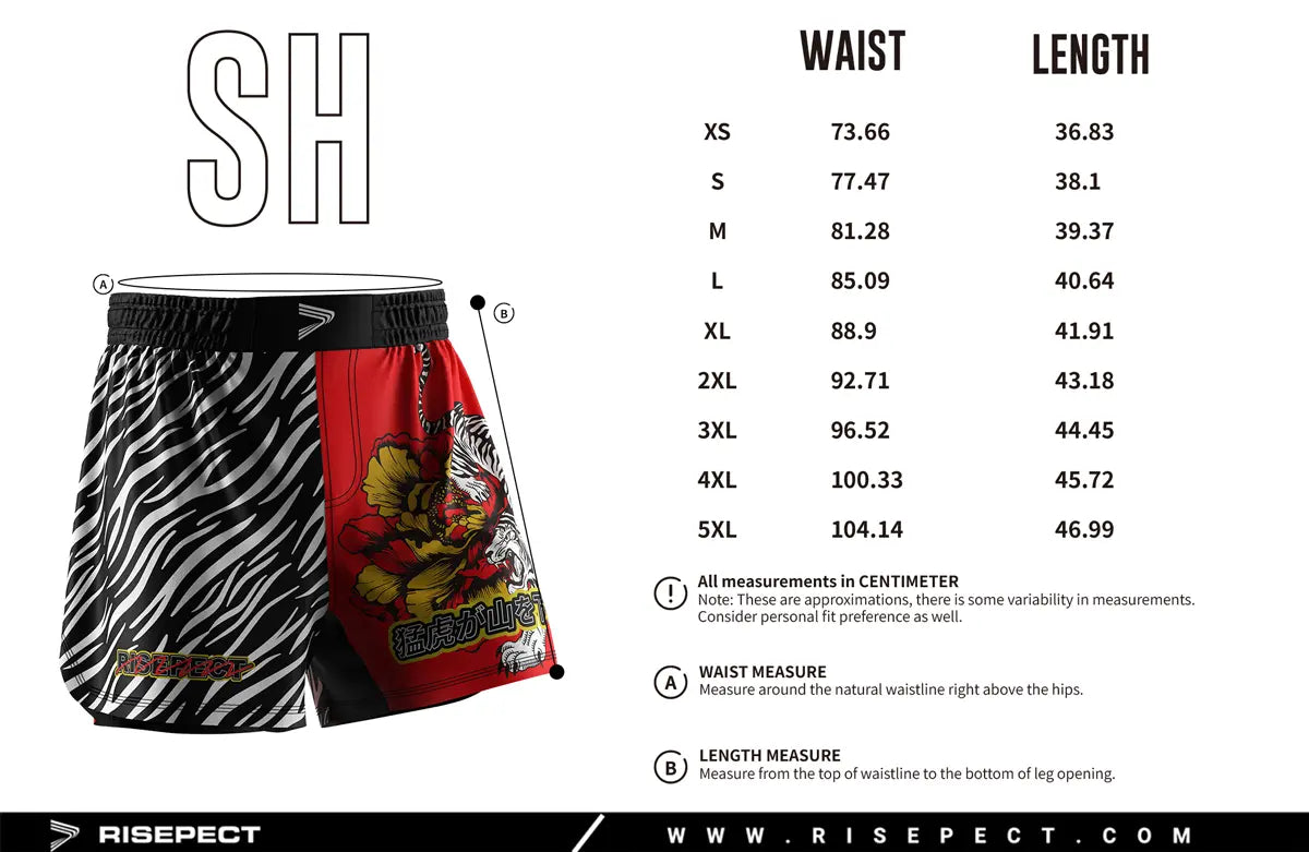 Adult Sizes Chart of Tiger Descent MMA Shorts