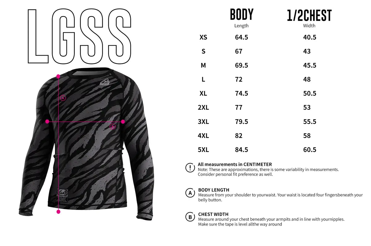 Adult Sizes Chart of Tiger Fade Stealth Power Rash Guard 3.0