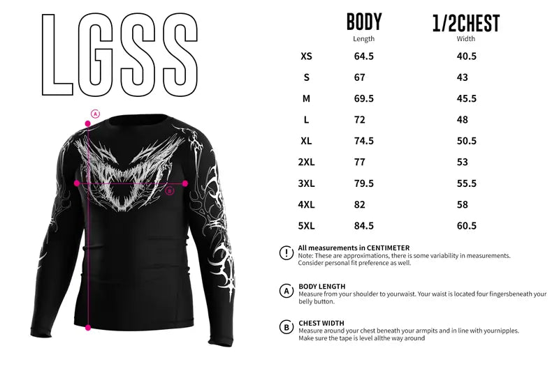 Adult Sizes Chart of Fangshade Revenant Beast Face Rash Guard 3.0 Gothic Predator