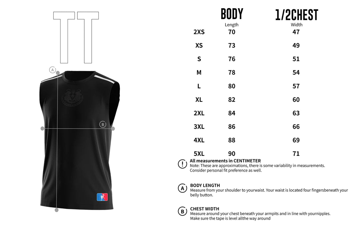 Adult Size Chart of Solid Black Minimal Muay Thai Sleeveless Shirt