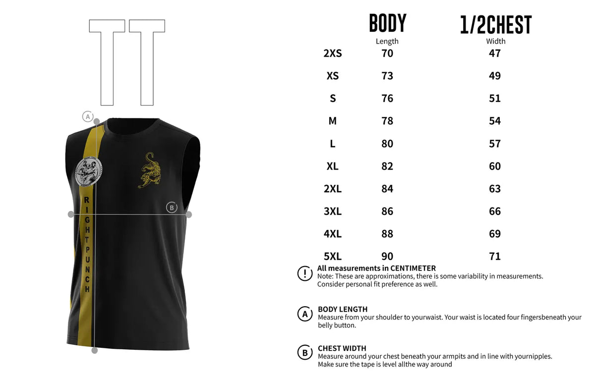 Adult Size Chart of Stripe Muay Thai Sleeveless Shirt with Gold Tiger & Fight Graphic