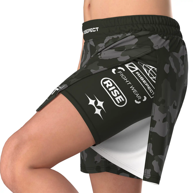 Army-green Camo High Slit MMA BJJ Shorts W/ Black Compression Lining